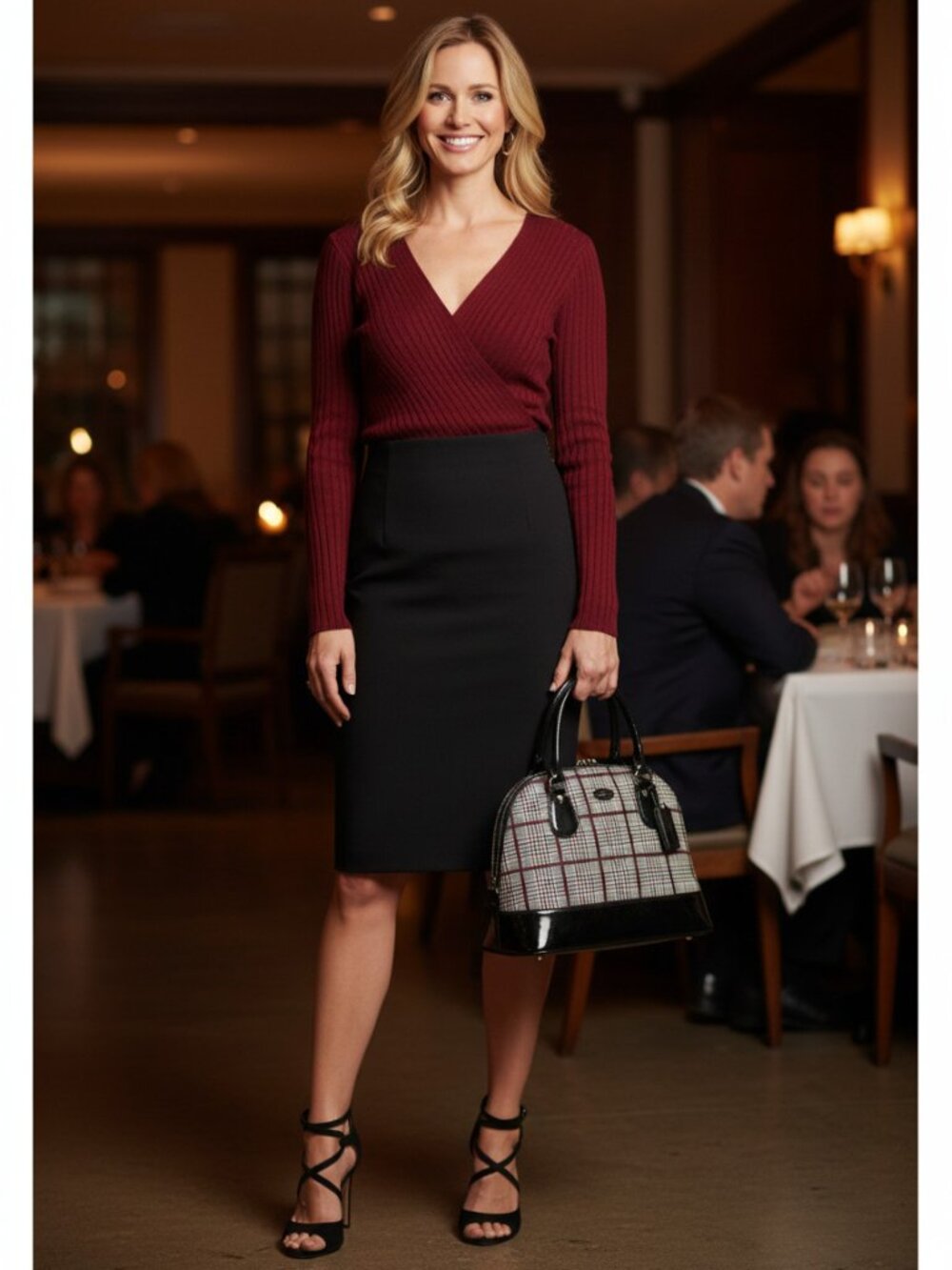 Ribbed V-Neck Wrap Sweater - Deep Wine